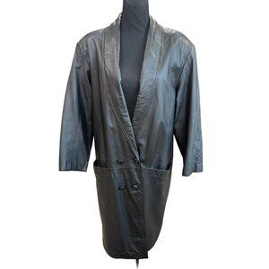 VTG 80s John Weitz Genuine Leather Long Double Breasted Trench Coat Black City